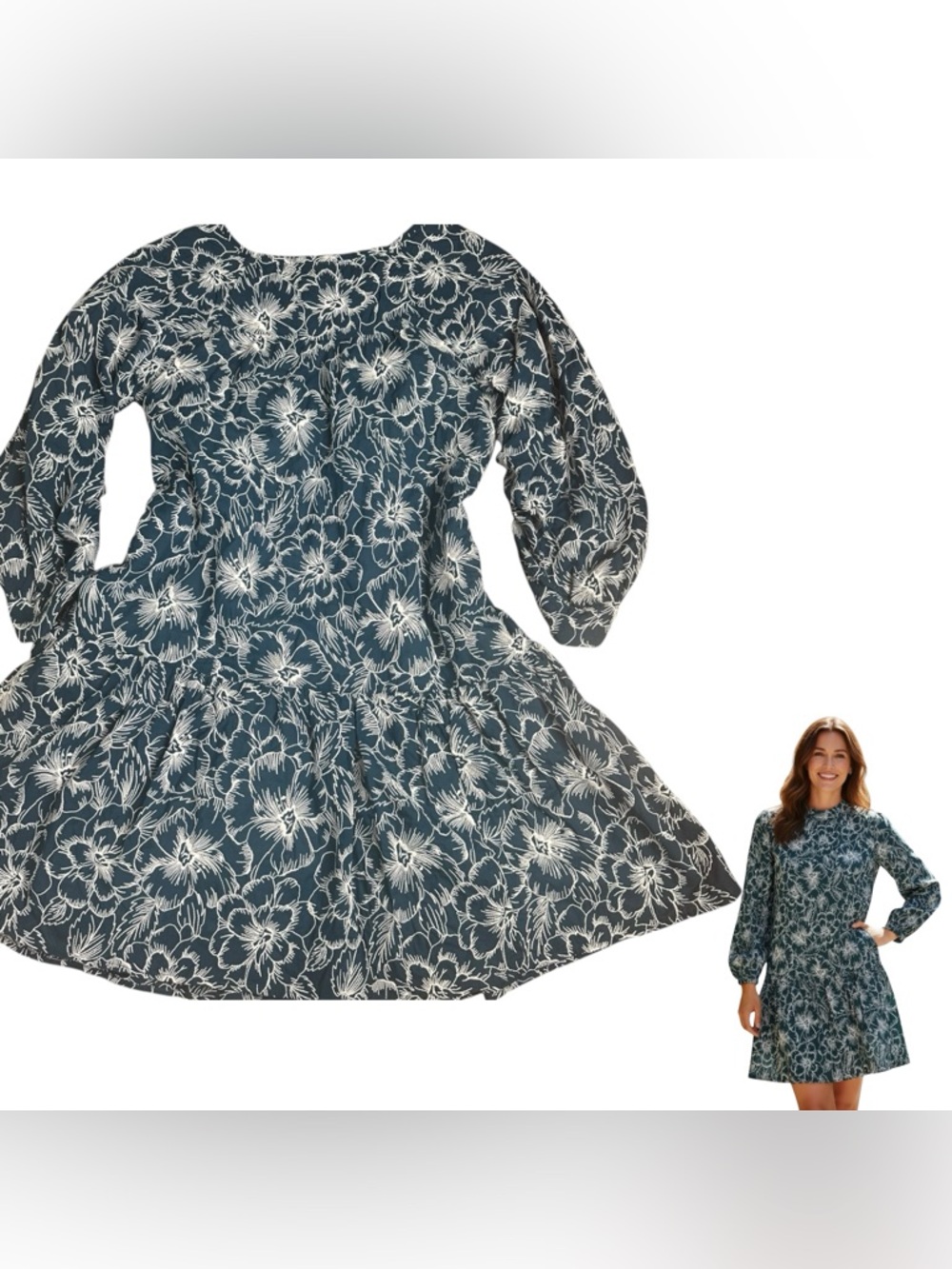 New York & Company Size XS Midi Dress Deep Teal with White Embroidery POCKETS